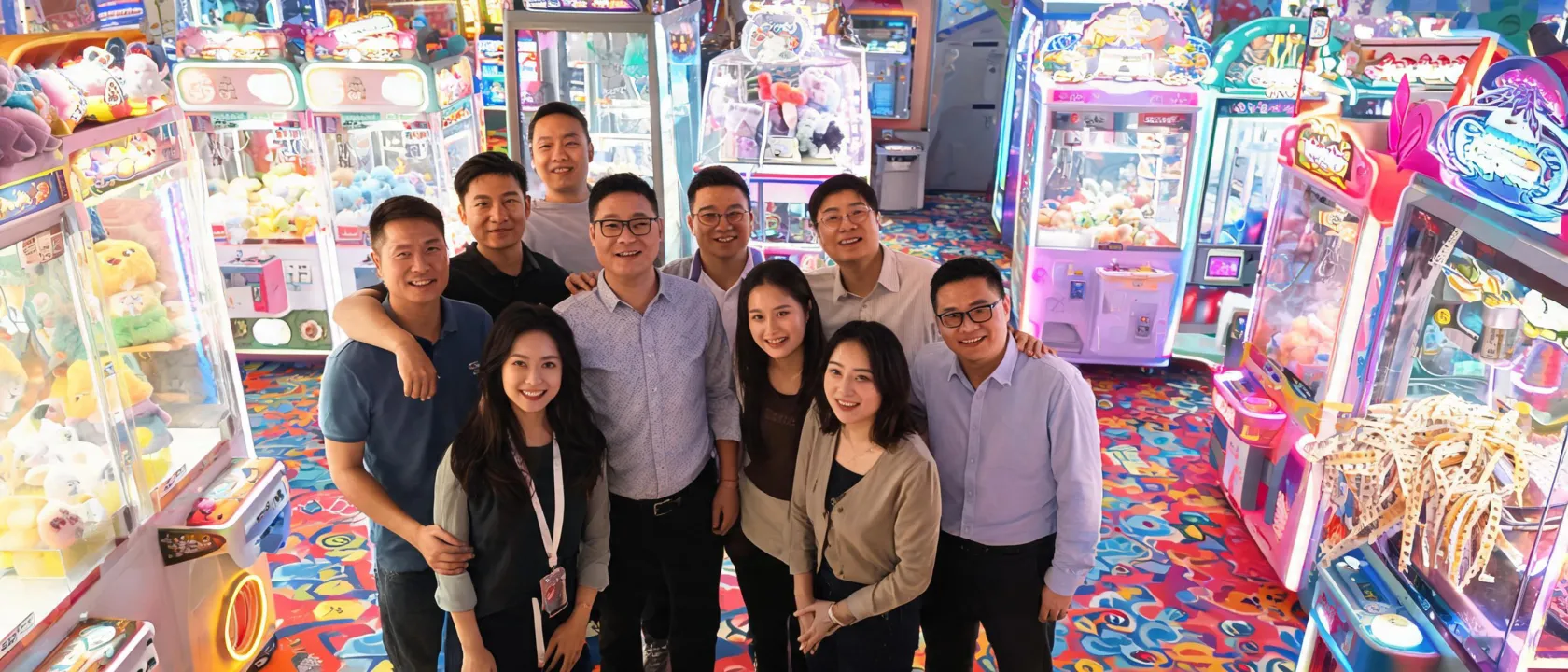 Unis team on an arcade floor