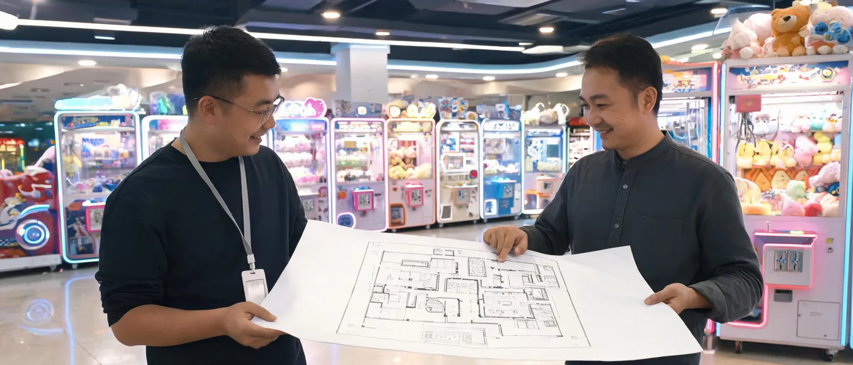 Arcade operator and Unis advisor reviewing a floor plan